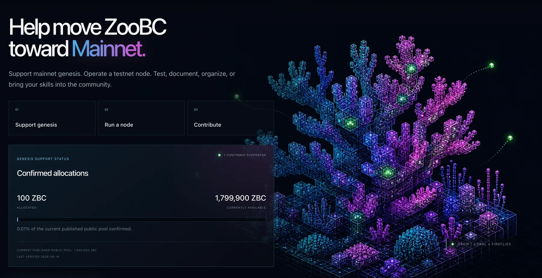 ZooBC mainnet genesis and community growth section with coral network habitat