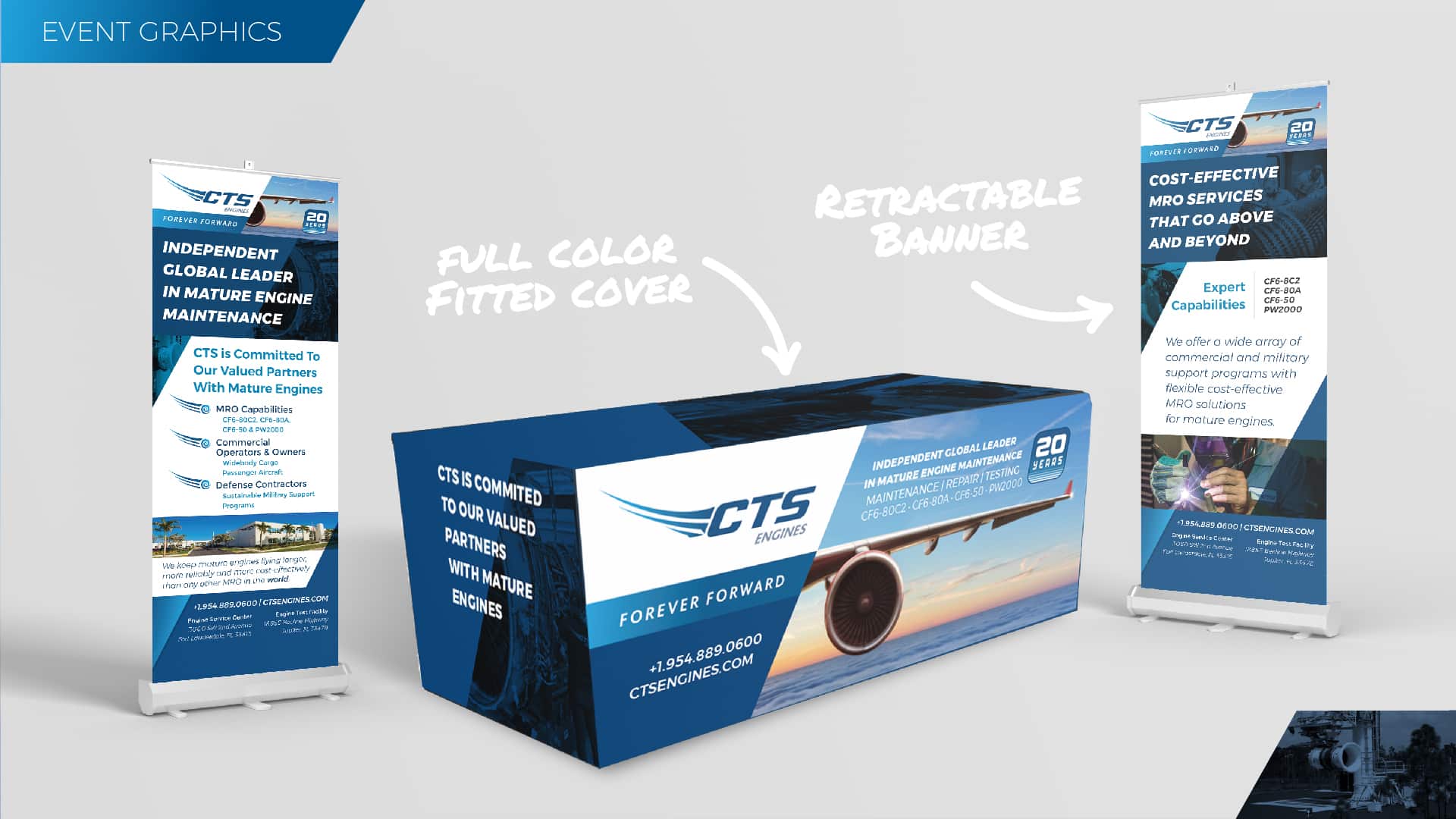 CTS Engines event graphics with banners and table cover