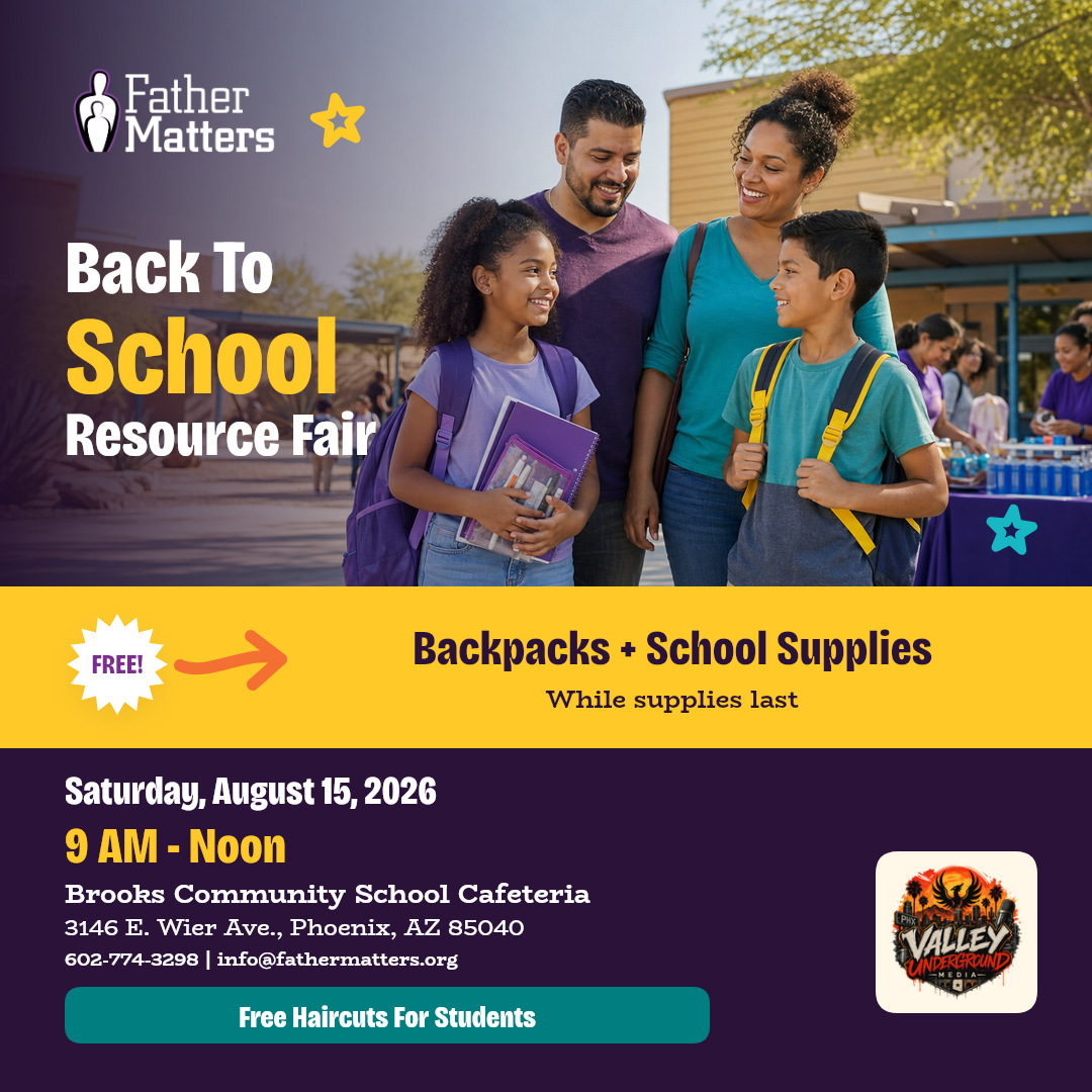 Back to School Resource Fair — Facebook artwork Father Matters Back to School Resource Fair graphic with family imagery, school supplies, date, and location