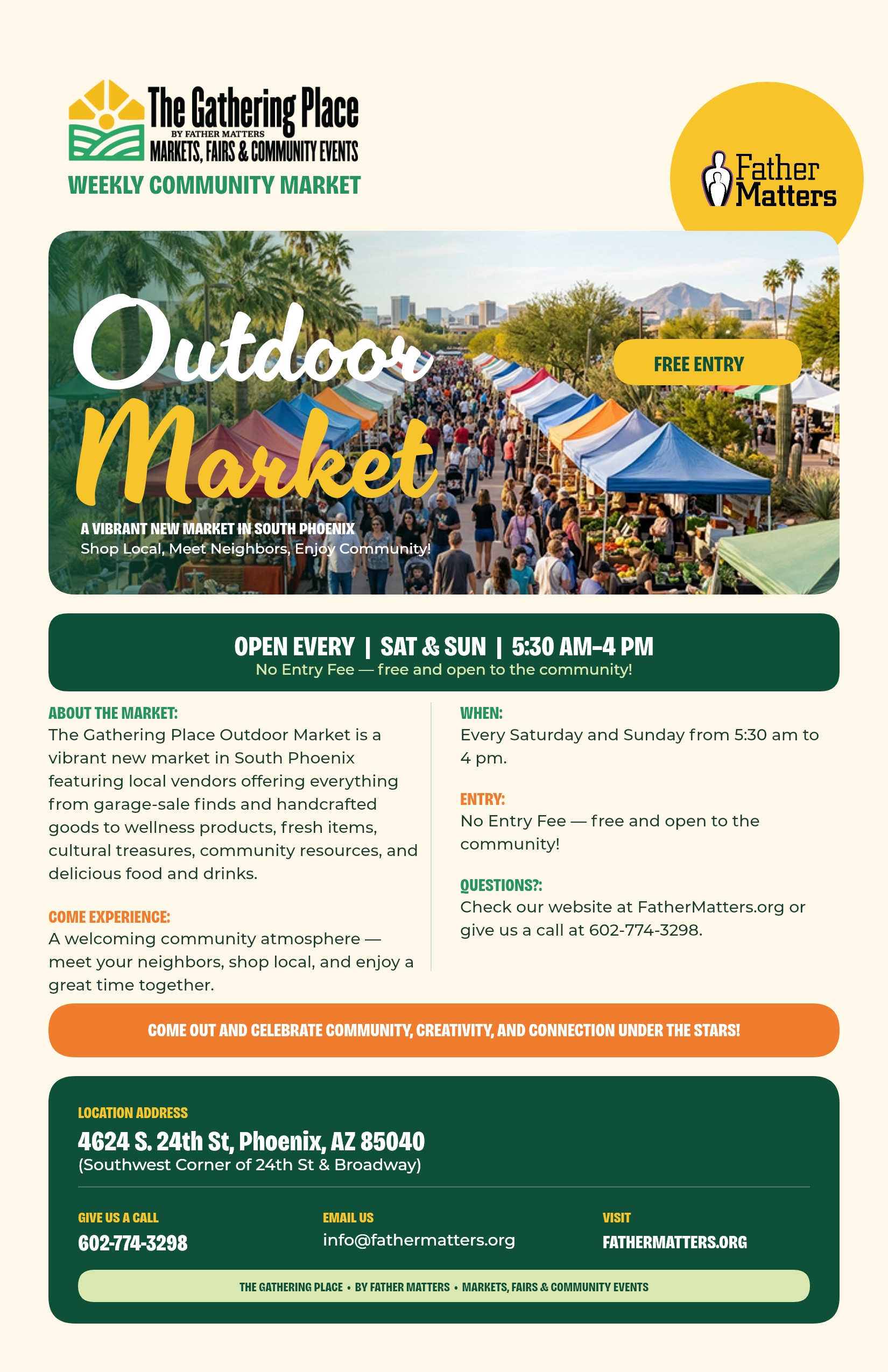 The Gathering Place Outdoor Market — archived flyer The Gathering Place Outdoor Market flyer with green and yellow branding, market imagery, and event details