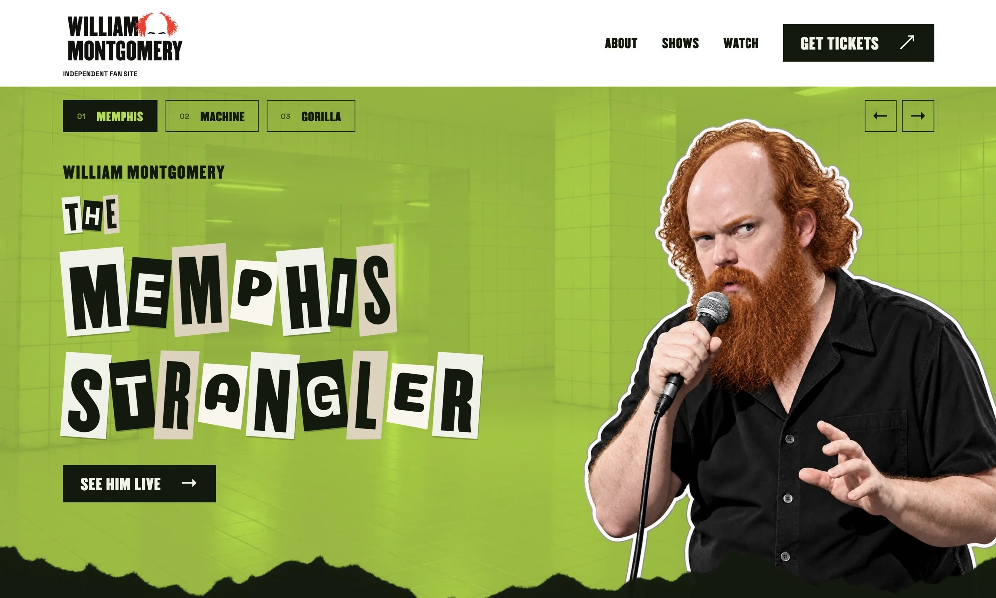 William Montgomery as The Memphis Strangler — green fan website hero with ransom-style lettering