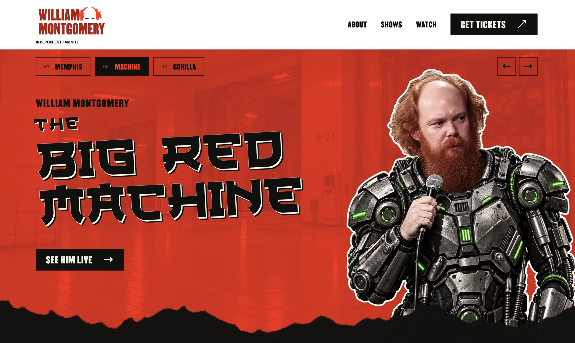 The Big Red Machine — red, mechanical armor and anime-inspired typography website hero