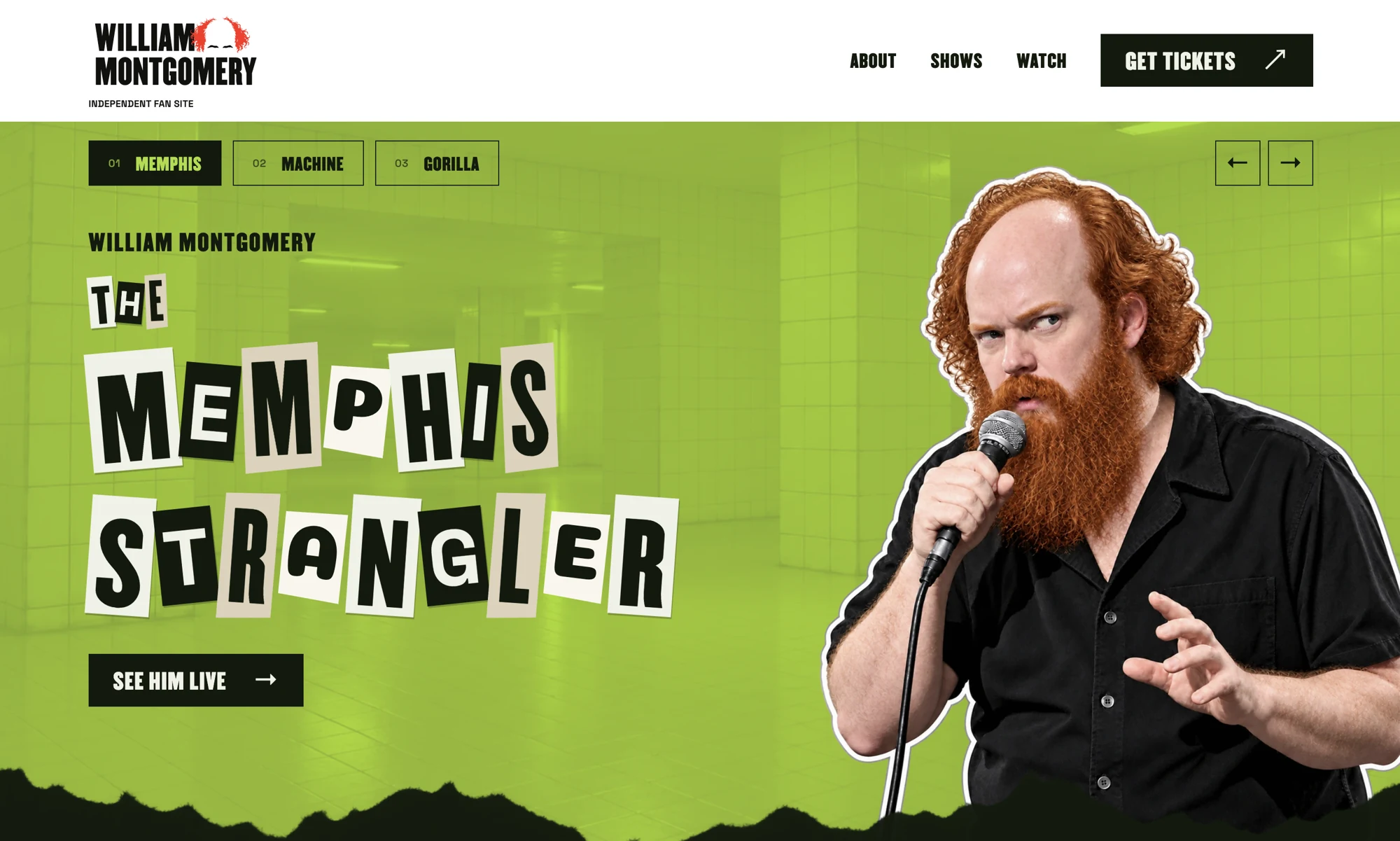The Memphis Strangler — green, ransom lettering and tiled corridors website hero