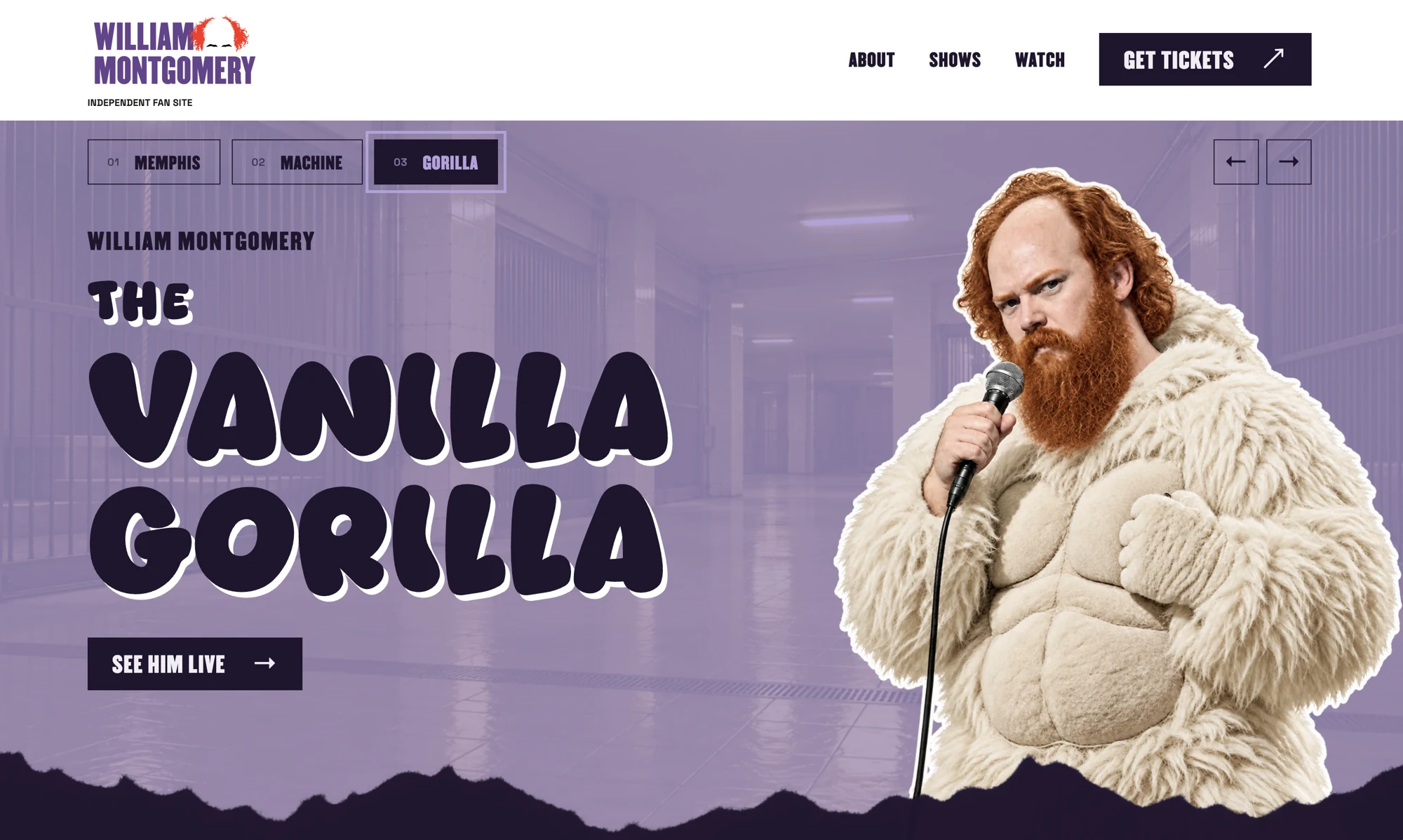 The Vanilla Gorilla — purple, cream fur and rounded lettering website hero